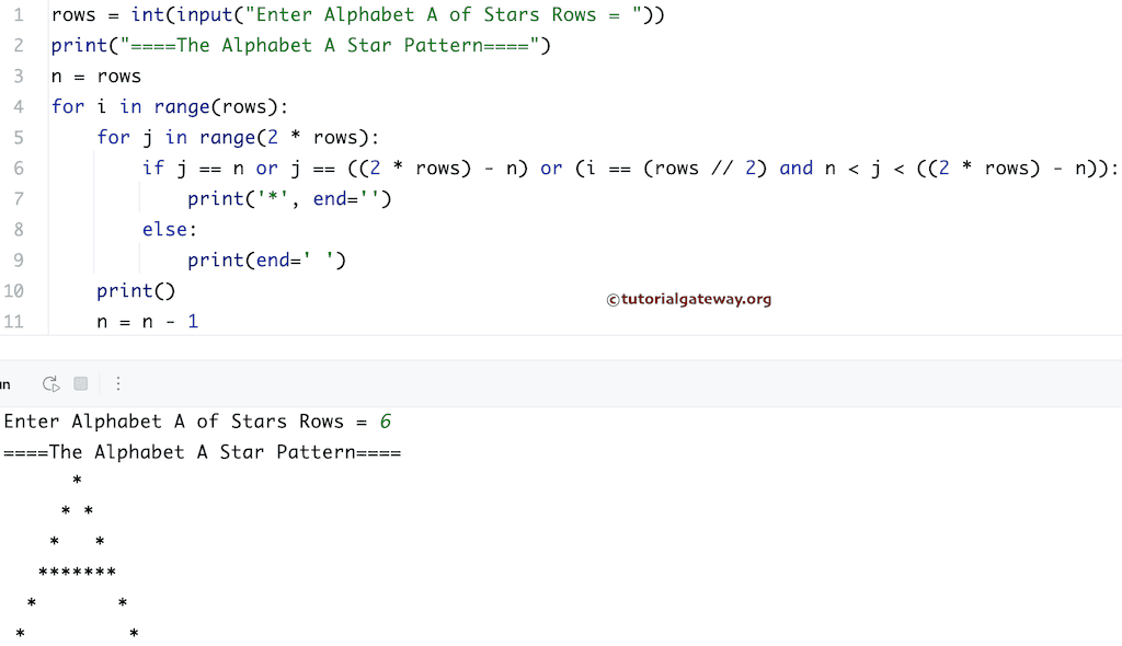 Python Program to Print Alphabet A Star Pattern using For loop