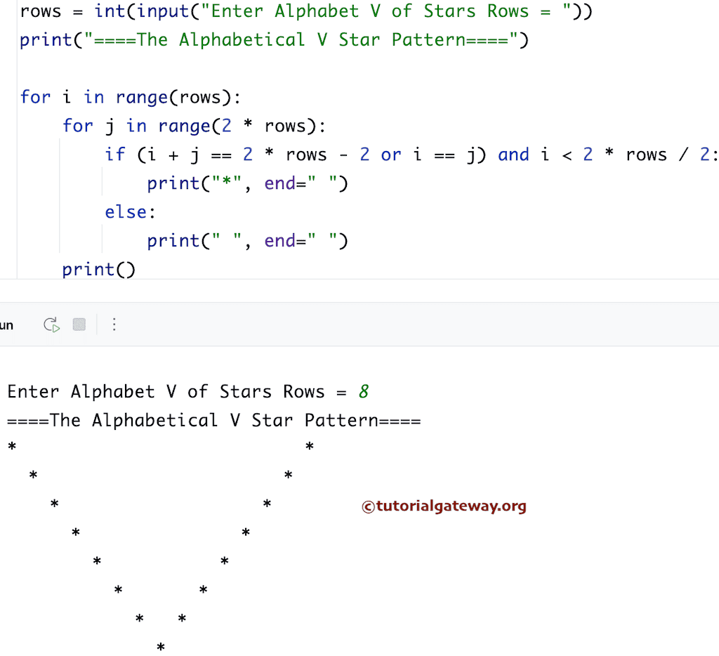 Python Program to Print Alphabet V Star Pattern
