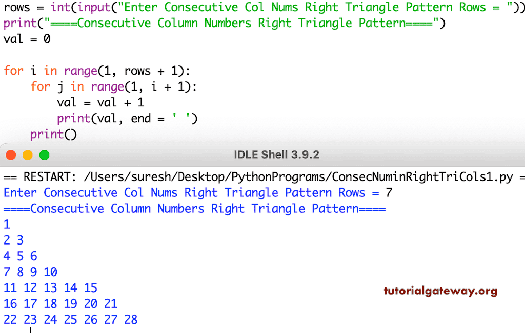 Python Program to Print Consecutive Column Numbers in Right Triangle