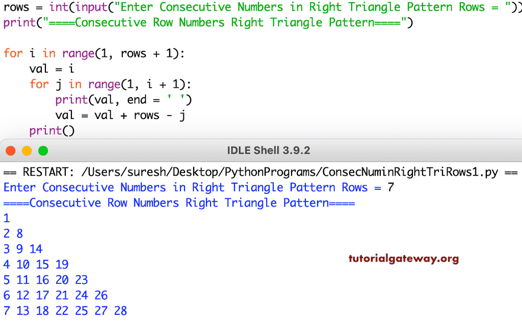 Python Program to Print Consecutive Rows Numbers in Right Triangle