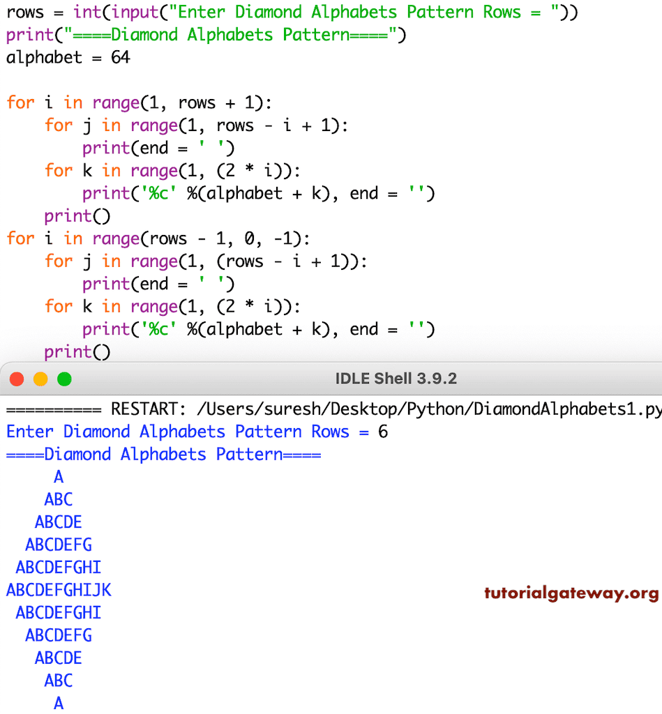 Python Program to Print Diamond Alphabets Pattern