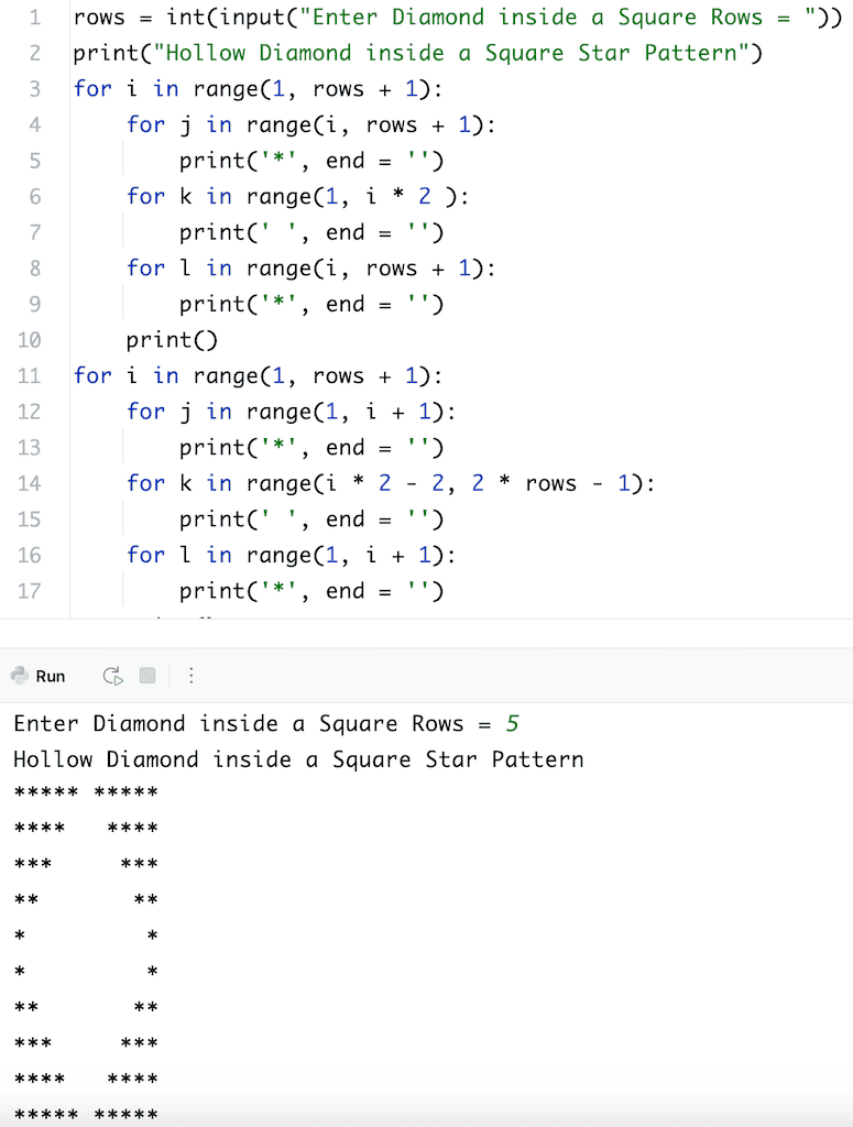 Python Program to Print Hollow Diamond inside a Square Star Pattern