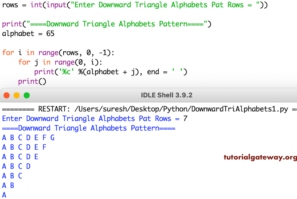 Python Program to Print Downward Triangle Alphabets Pattern