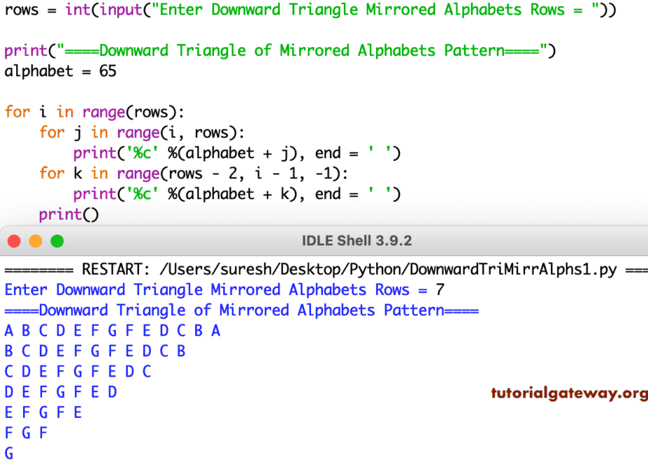 Python Program to Print Downward Triangle Mirrored Alphabets Pattern