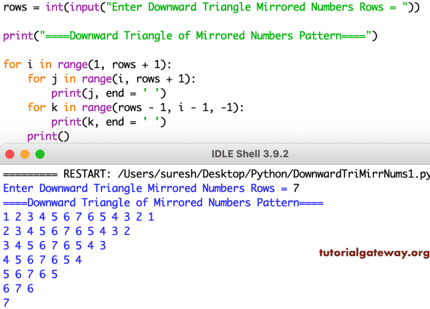 Python Program to Print Downward Triangle Mirrored Numbers Pattern