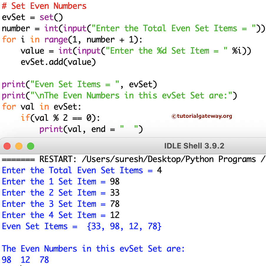 Python Program to Print Even Numbers in Set