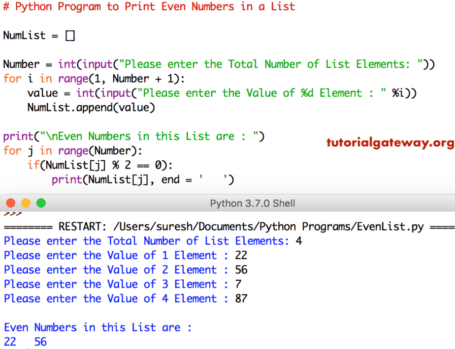 Python Program to Print Even Numbers in a List using for loop