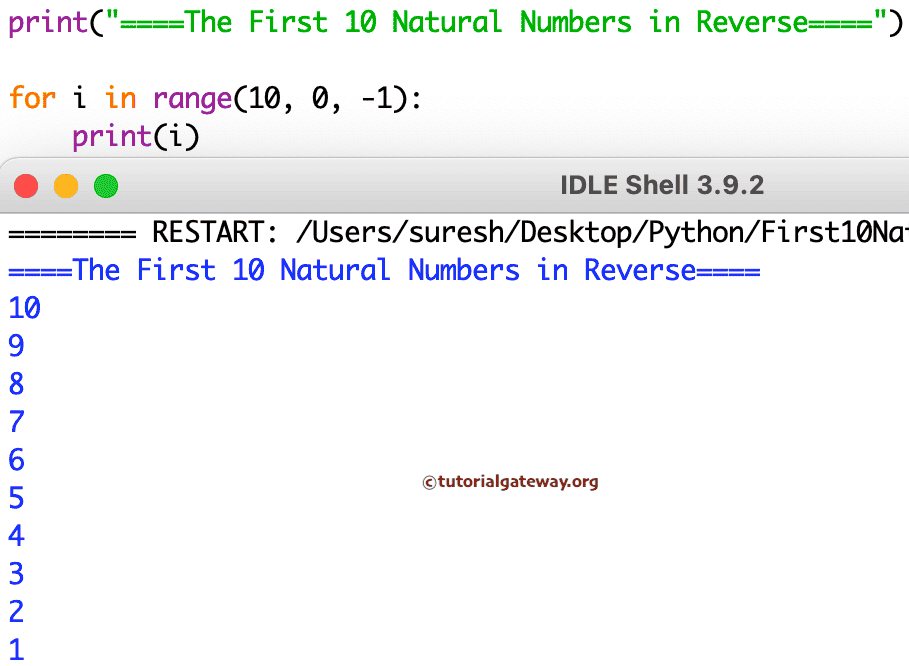 Python Program to Print First 10 Natural Numbers in Reverse