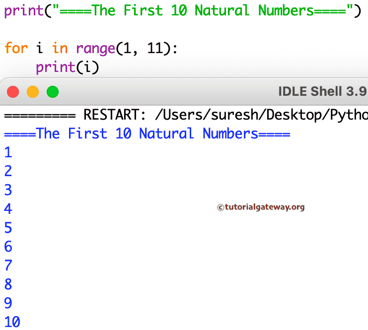 Python Program to Print First 10 Natural Numbers