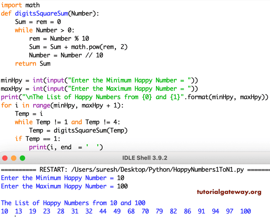 Python Program to Print Happy Numbers from 1 to 100
