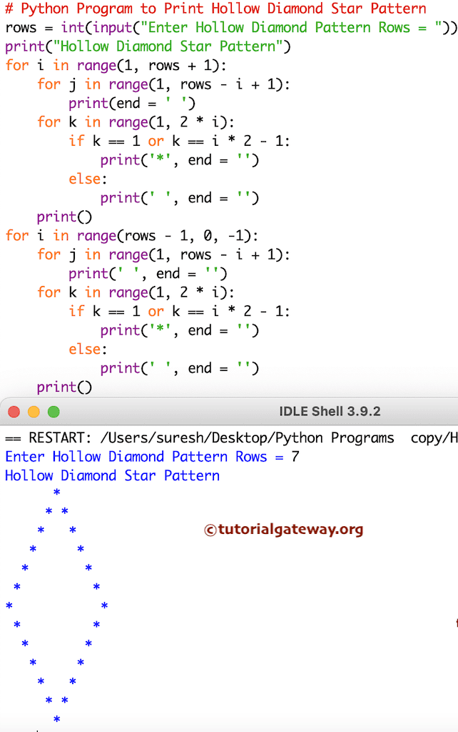 Python Program to Print Hollow Diamond Star Pattern