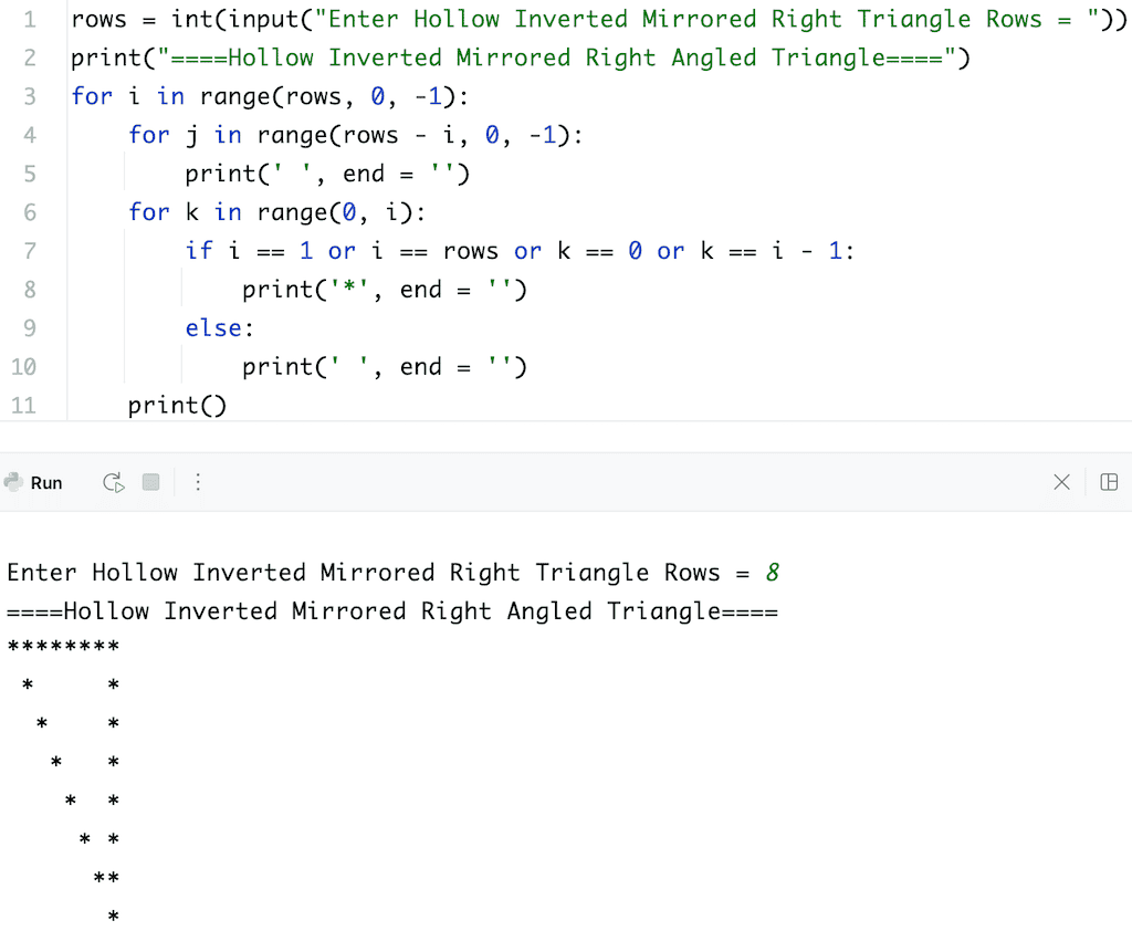 Python Program to Print Hollow Inverted Mirrored Right Triangle Star Pattern using for loop