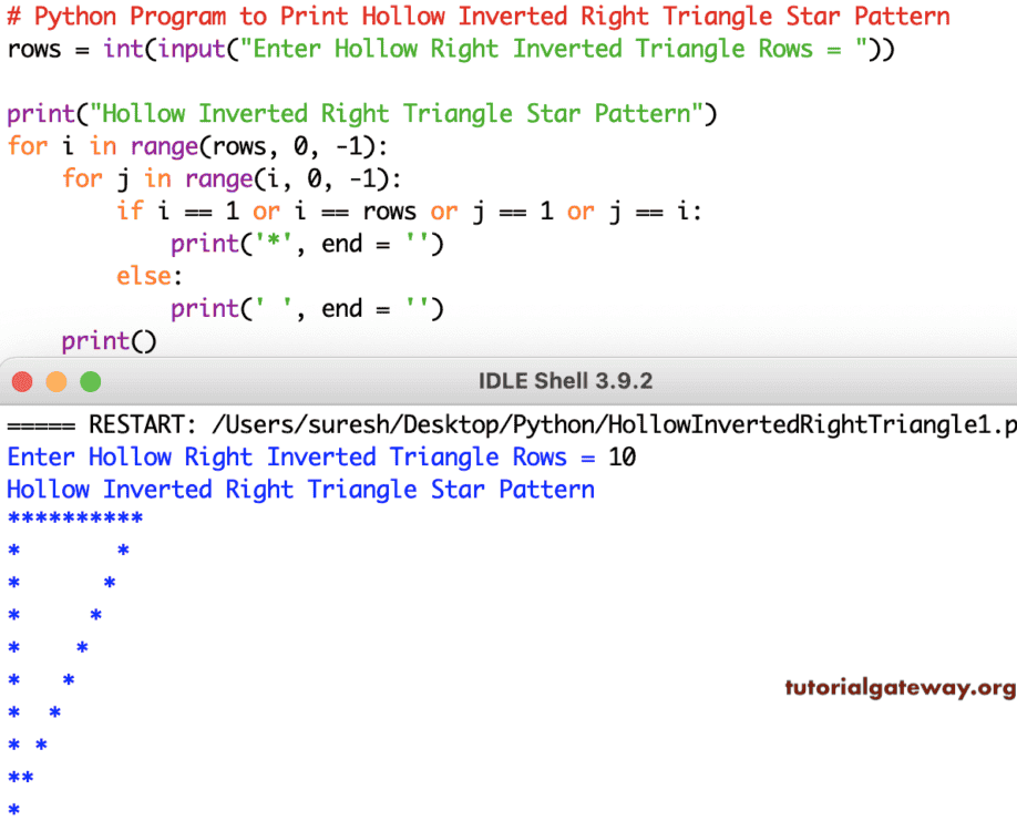 Python Program to Print Hollow Inverted Right Triangle