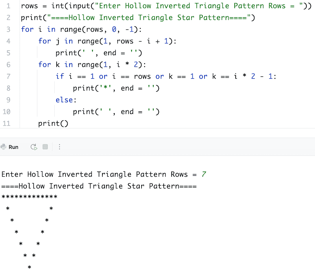 Python Program to Print Hollow Inverted Triangle Star Pattern using for loop
