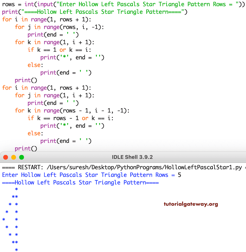 Python Program to Print Hollow Left Pascals Star Triangle