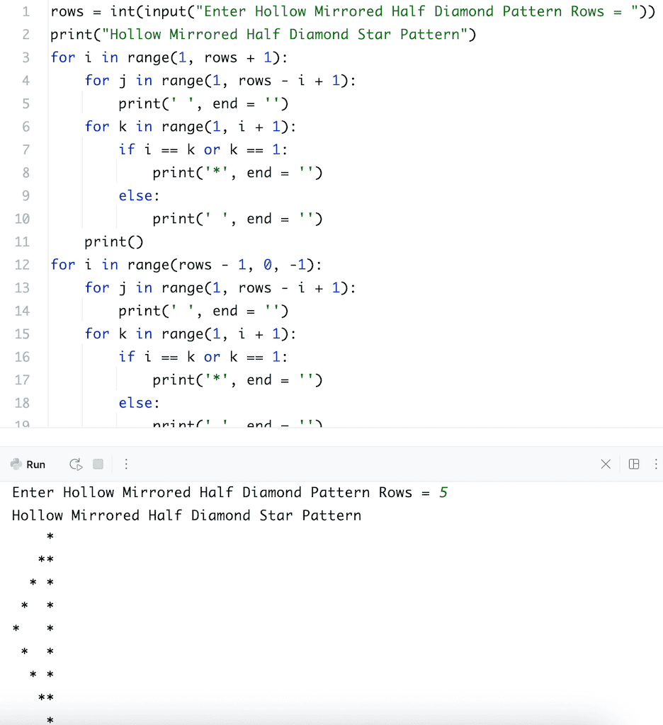 Python Program to Print Hollow Mirrored Half Diamond Star Pattern using for loop