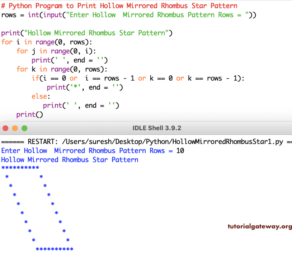 Python Program to Print Hollow Mirrored Rhombus Star Pattern