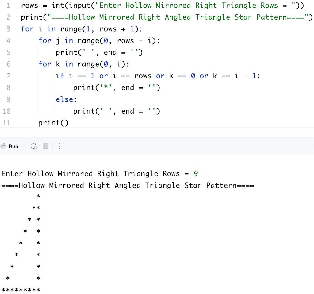 Python Program to Print Hollow Mirrored Right Triangle Star Pattern using for loop