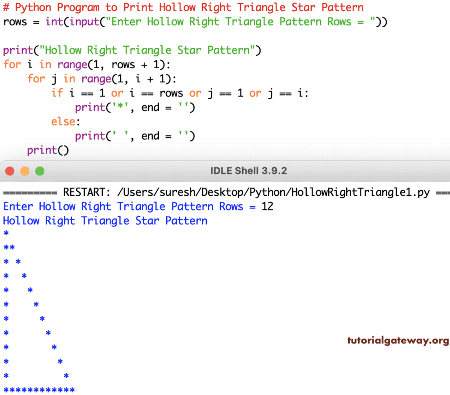 Python Program to Print Hollow Right Triangle Star Pattern