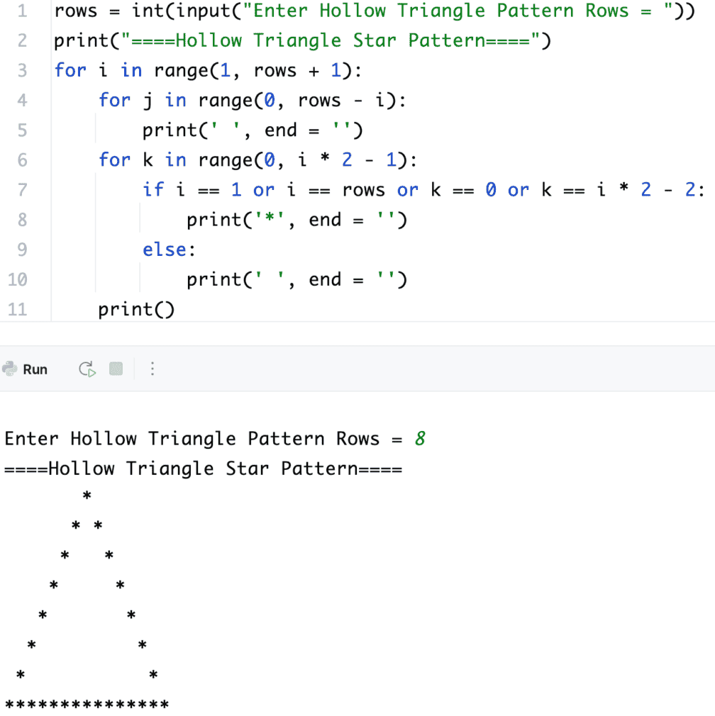 Python Program to Print Hollow Triangle Star Pattern using for loop