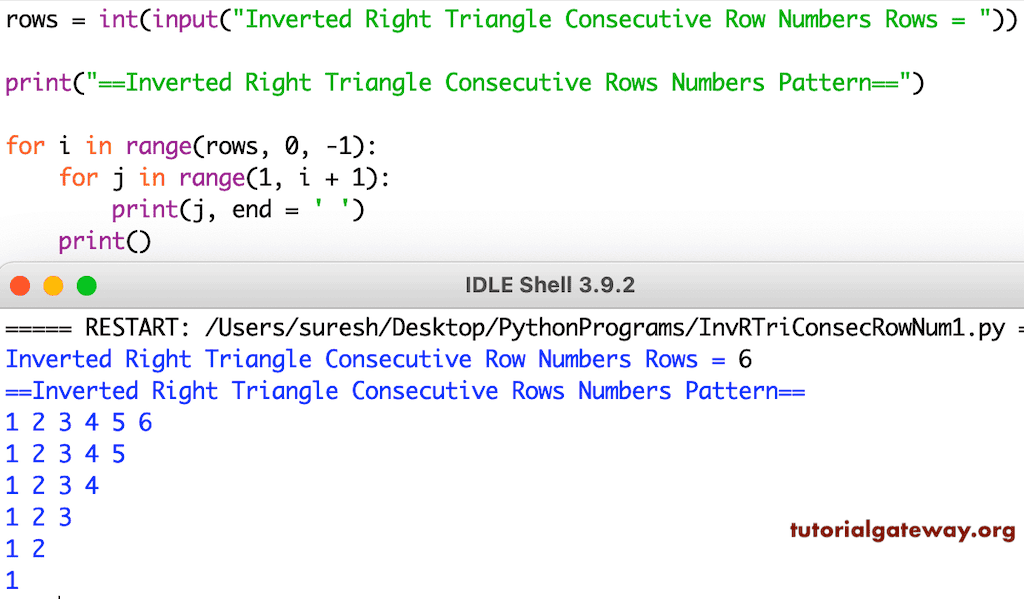 Python Program to Print Inverted Right Triangle of Consecutive Numbers