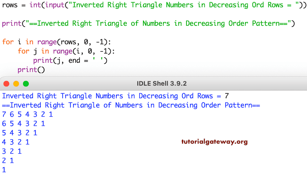 Python Program to Print Inverted Right Triangle of Decreasing Order Numbers
