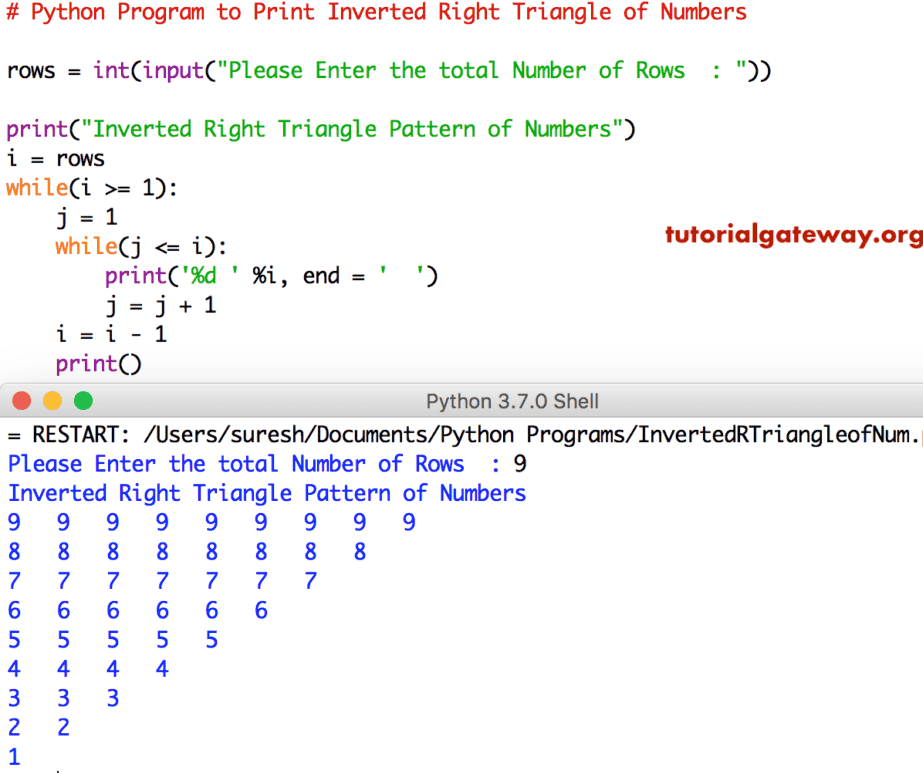 Python Program to Print Inverted Right Triangle of Numbers 2