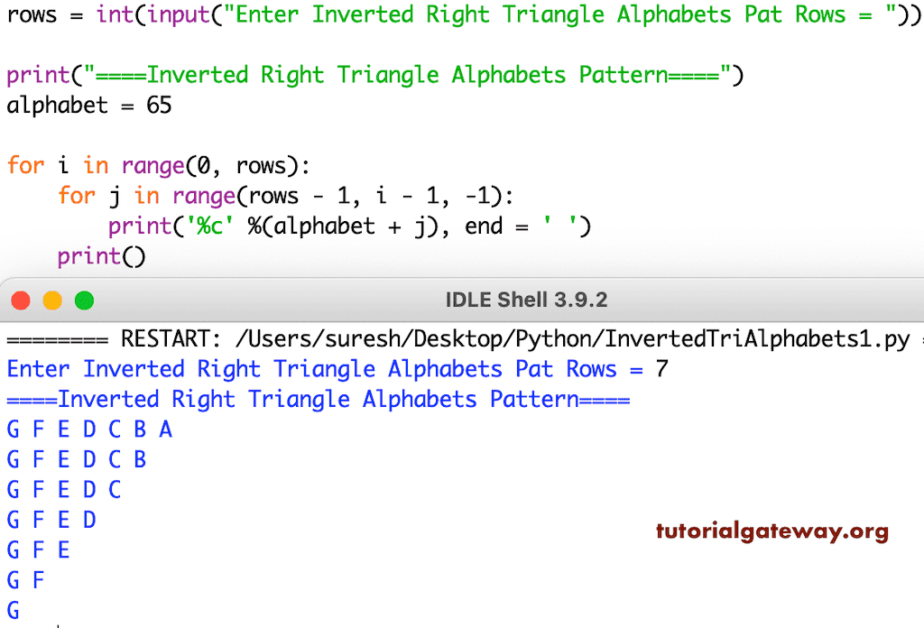 Python Program to Print Inverted Triangle Alphabets Pattern