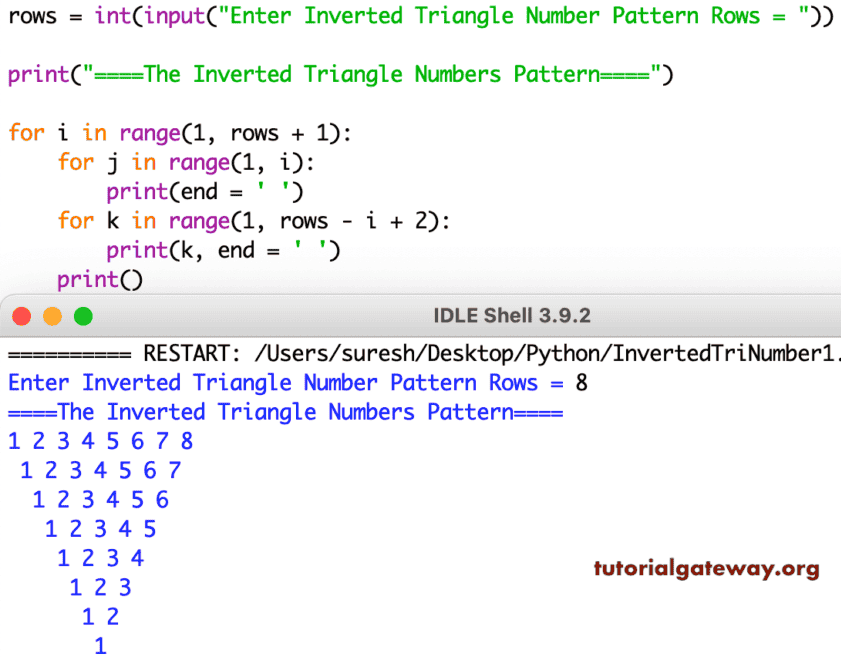 Python Program to Print Inverted Triangle Numbers Pattern