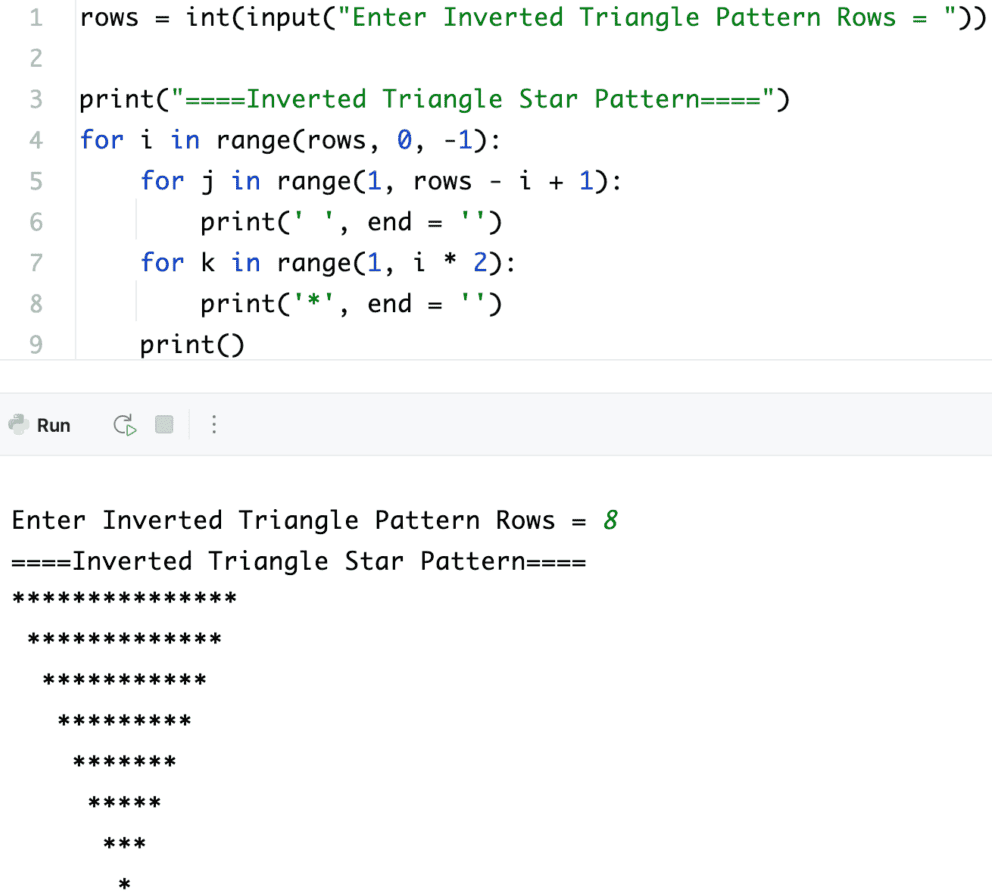 Python Program to Print Inverted Triangle Star Pattern using for loop