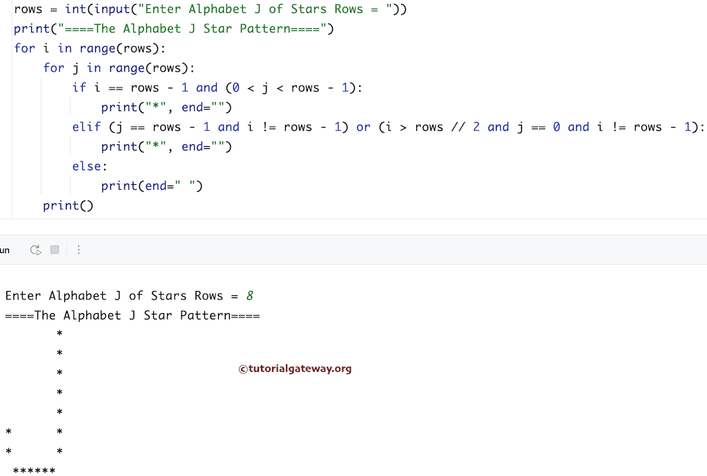 Python Program to Print Alphabetical J Star Pattern