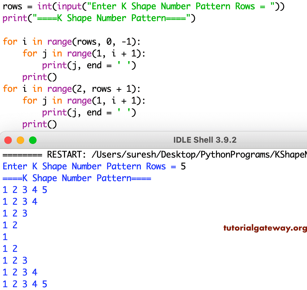 Python Program to Print K Shape Number Pattern