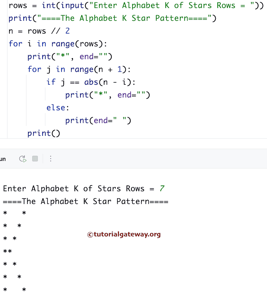 Python Program to Print Alphabetical K Star Pattern