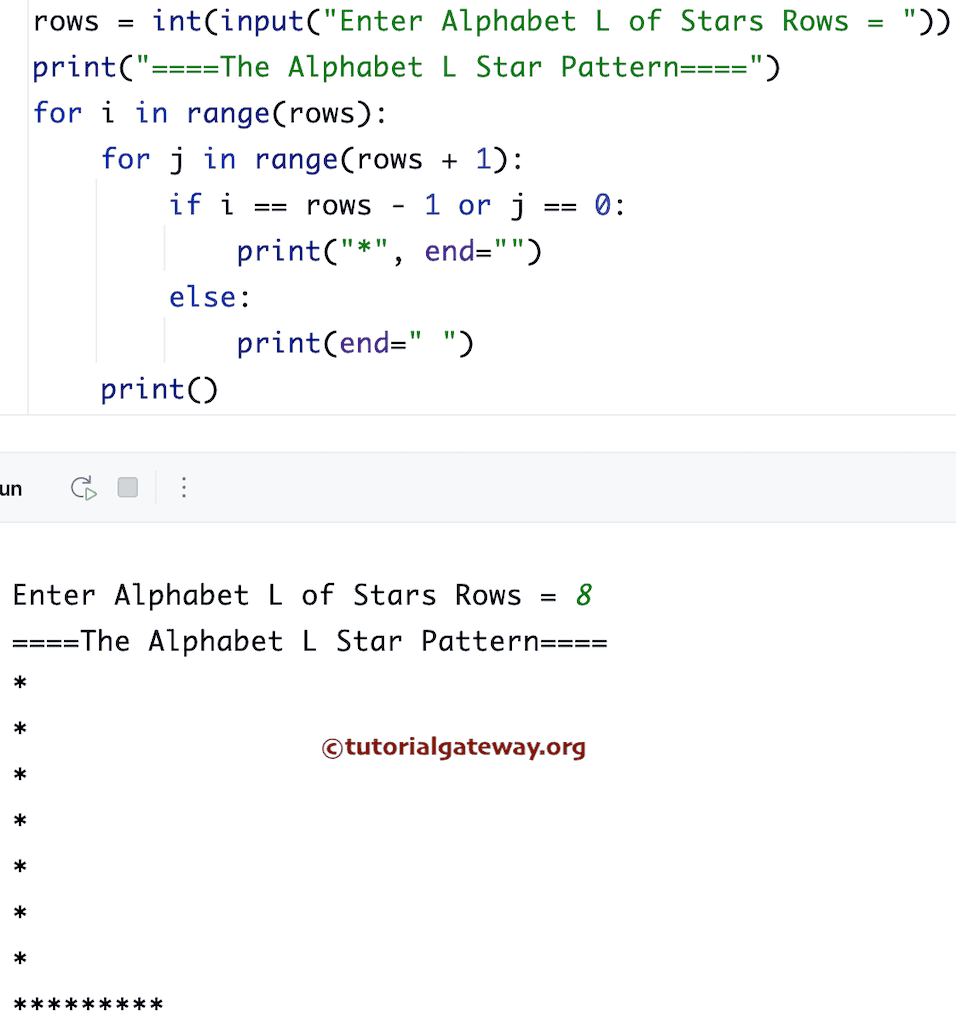 Python Program to Print Alphabetical L Star Pattern