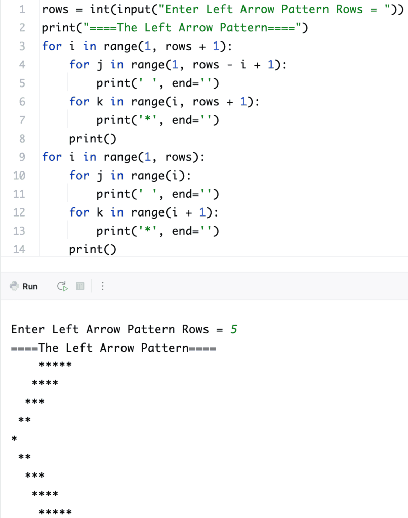 Python Program to Print Left Arrow Star Pattern using for loop