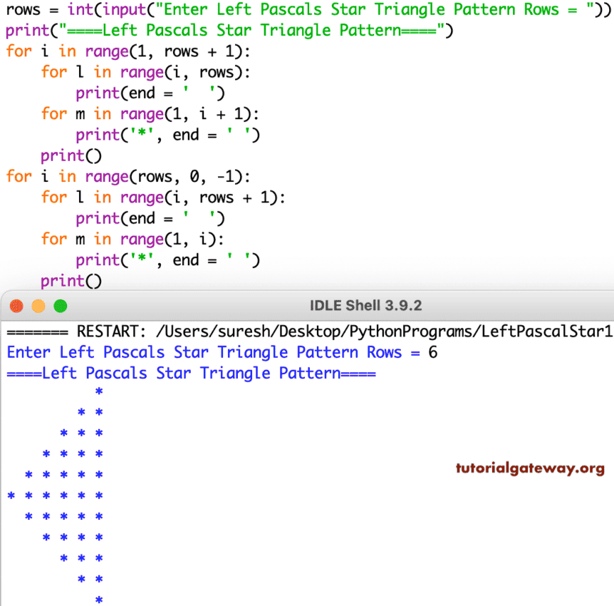 Python Program to Print Left Pascals Star Triangle