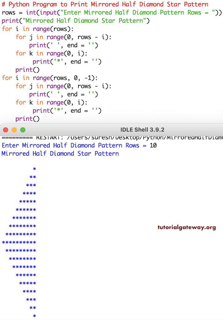 Python Program to Print Mirrored Half Diamond Star Pattern