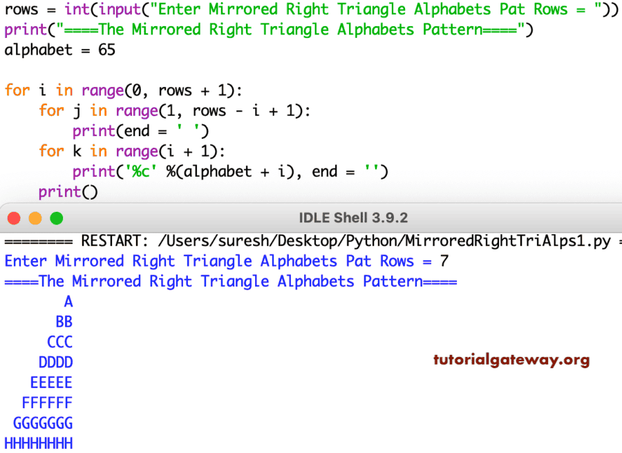 Python Program to Print Mirrored Right Triangle Alphabets Pattern
