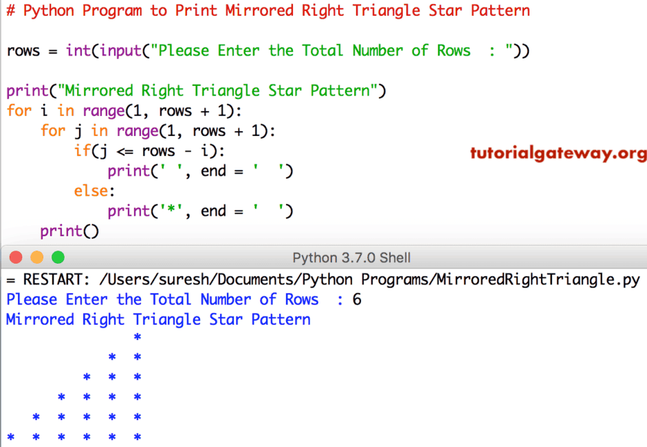 Python Program to Print Mirrored Right Triangle Star Pattern