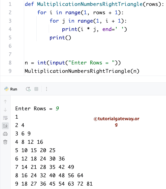 Python Program to Print Multiplication Numbers in Right Triangle