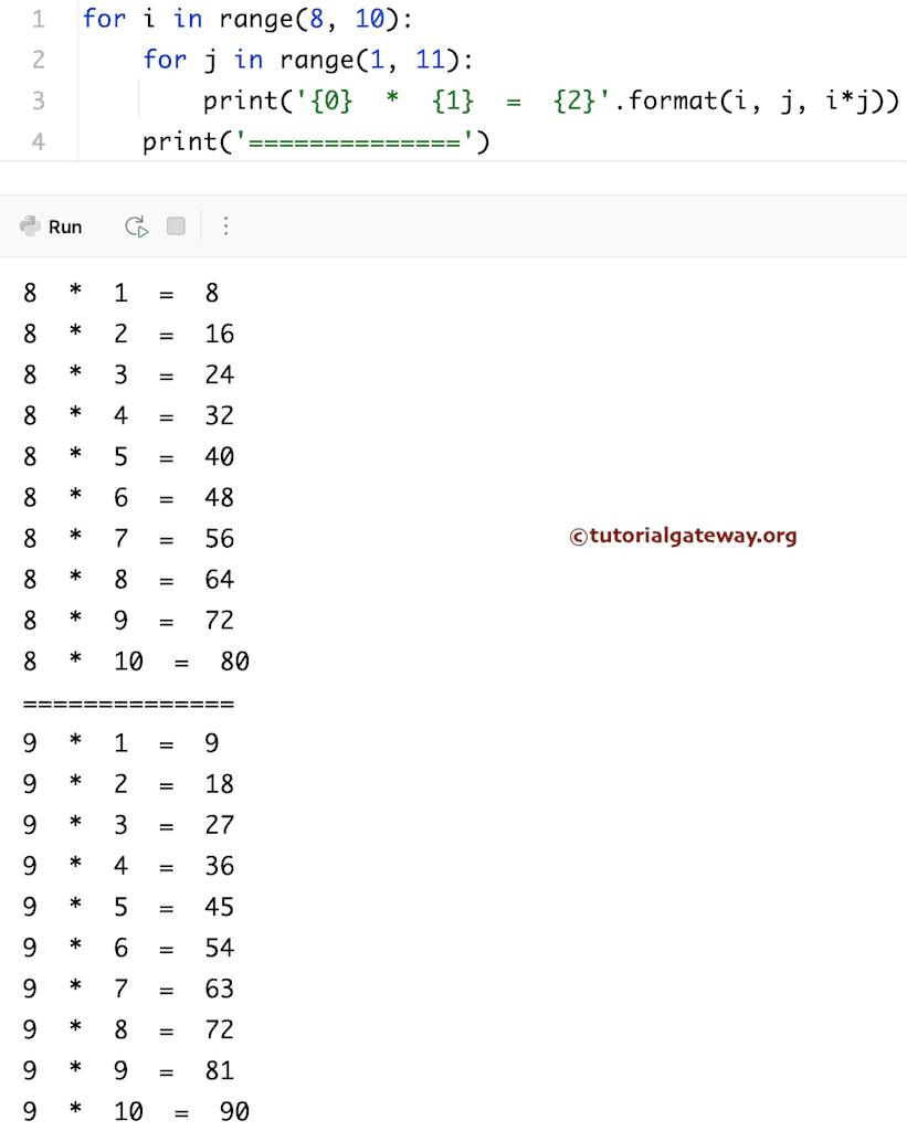 Print Multiplication Table using for loop range() function