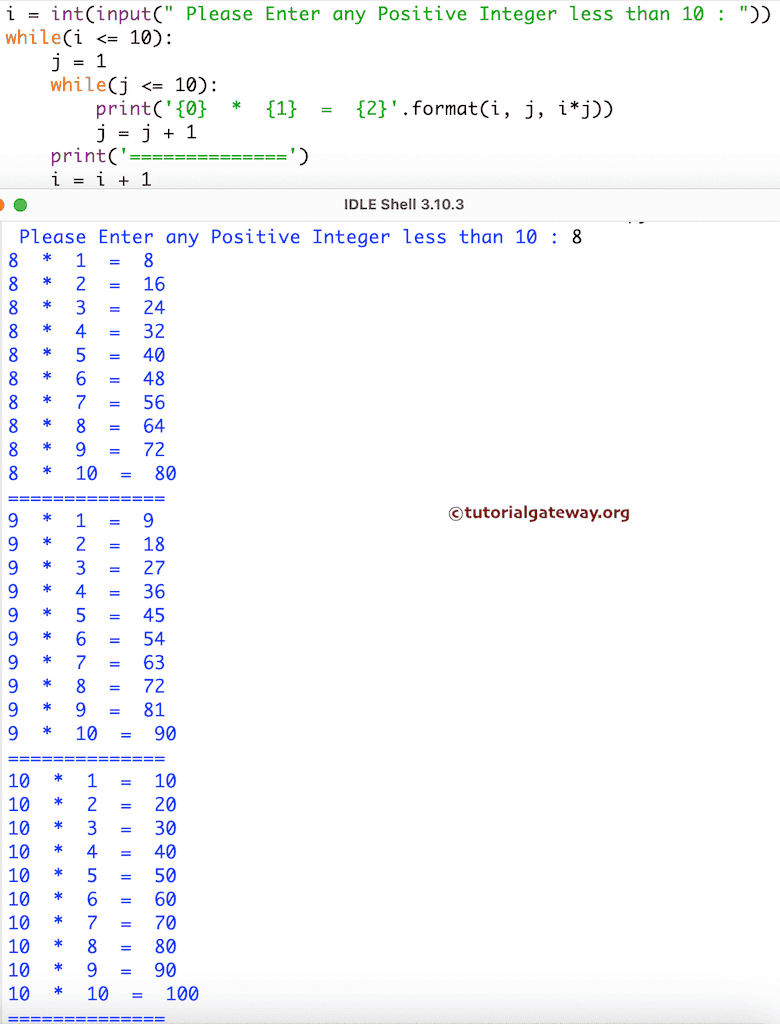 Print Multiplication Table using while loop