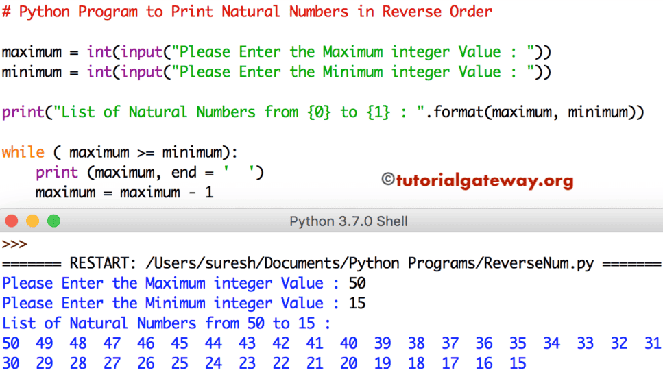 Python Program to Print Natural Numbers in Reverse Order 2