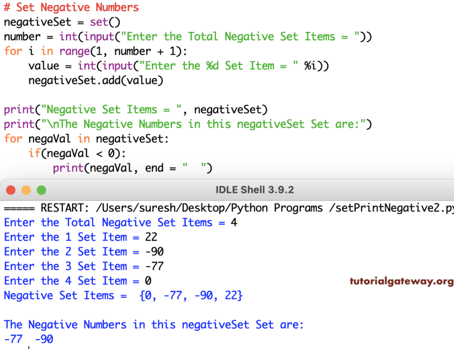 Python Program to Print Negative Numbers in Set 2