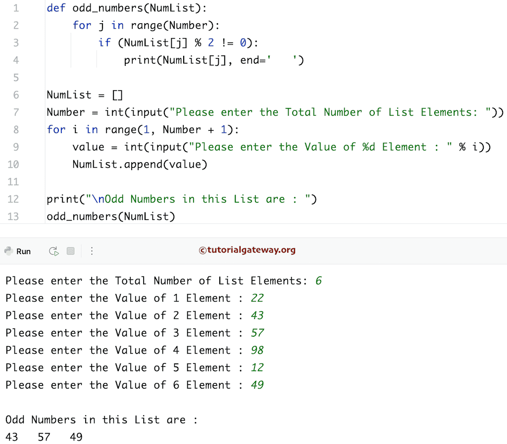 Python Program to Print Odd Numbers in a List using Functions
