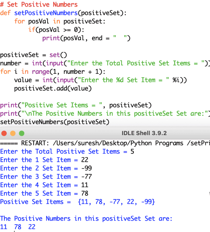 Python Program to Print Positive Numbers in Set 3