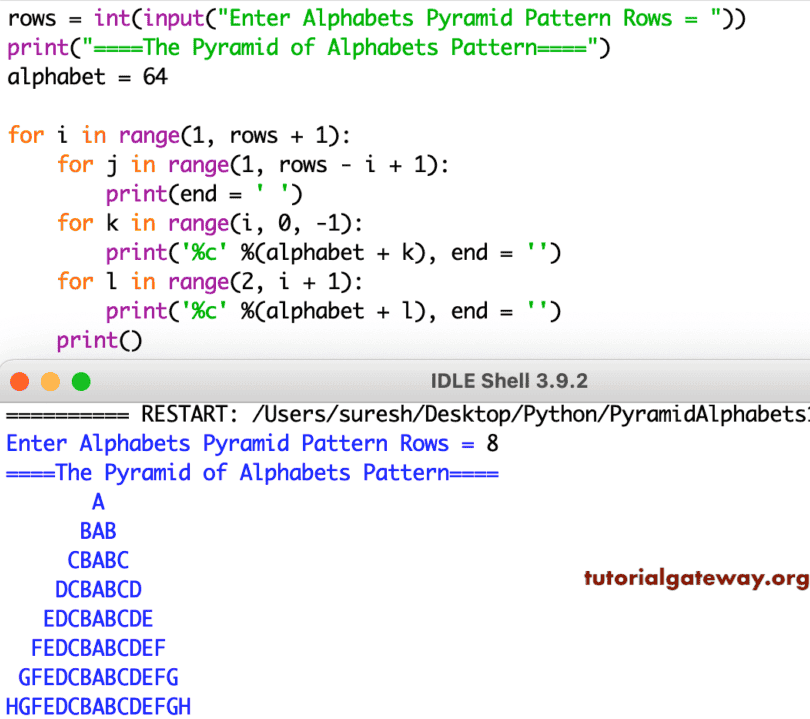 Python Program to Print Pyramid Alphabets Pattern