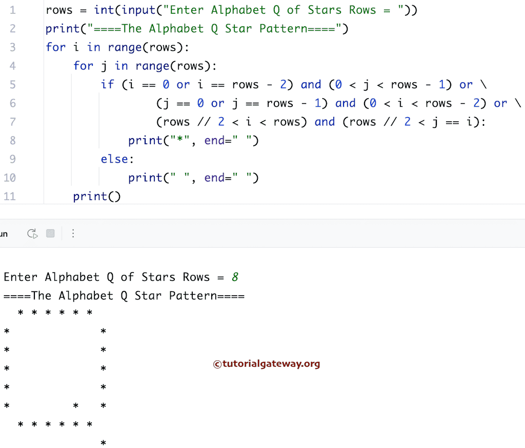 Python Program to Print Alphabetical Q Star Pattern