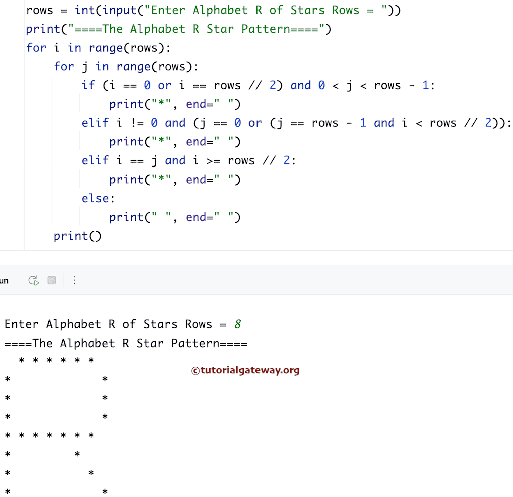 Python Program to Print Alphabetical R Star Pattern