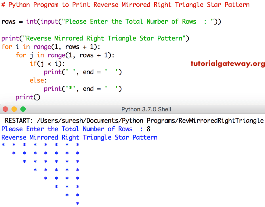 Python Program to Print Reverse Mirrored Right Triangle Star Pattern